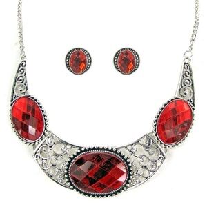 Red Large Crystal Statement Necklace and Earring Set with Scroll Design - NEW